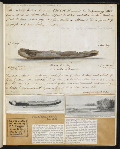 Antiguidades: Desenho de uma antiga canoa britânica descoberta (1824) em North Stoke de John Constable