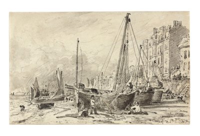 Barcos de pesca encalhados com pescadores consertando redes na praia de Brighton, olhando para o oeste, c.1824-28 de John Constable
