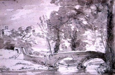 Ponte com árvores e edifícios, em Haddon de John Constable