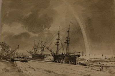 Brighton Beach com um arco-íris: Colliers Unloading, c.1792 (aguarela sobre papel) de John Constable
