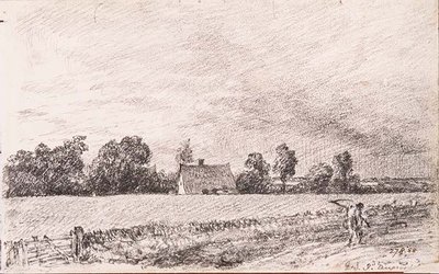 Casas de campo e estrada, Bergholt Oriental, lápis de John Constable