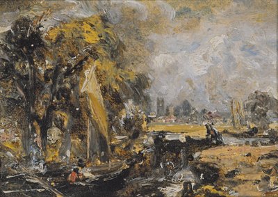 Dedham Lock, c.1819 (óleo sobre papel colocado sobre tela) de John Constable