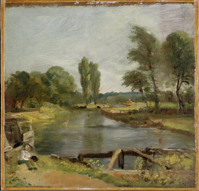 Flatford Lock, 1810-11 (óleo sobre papel sobre tela) de John Constable