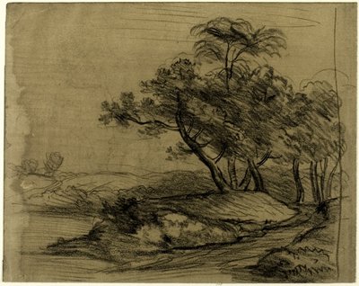 Margem do rio com árvores (anverso); rebanho de gado sob árvores, com esboço de paisagem (verso) de John Constable