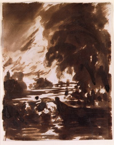 Árvores e extensões de água sobre o Stour (lavagem castanha) de John Constable