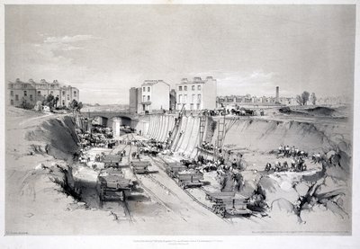 Construindo as paredes de retenção em Park Street, Camden Town, 1836 de John Cooke Bourne