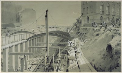 Construindo as paredes de retenção em Park Street, Camden Town, em setembro de 1836 (caneta e tinta e lavar no papel) de John Cooke Bourne