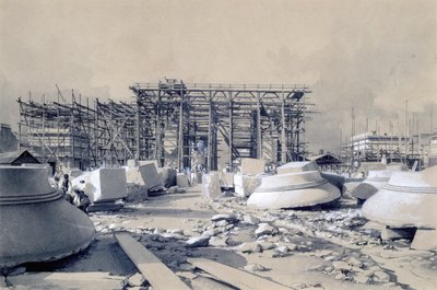Construção do Euston Arch, outubro de 1837 (caneta e tinta e papel) de John Cooke Bourne