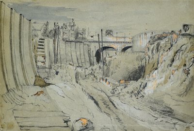 Construção dos caminhos-de-ferro de Londres e Birmingham, c.1835 (lápis e lavagem em papel) de John Cooke Bourne