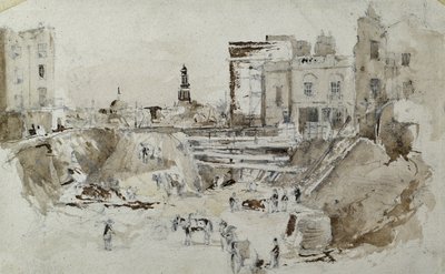 Construção dos caminhos-de-ferro de Londres e Birmingham, c.1835 (lápis com lavagem em papel) de John Cooke Bourne