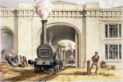 Entrada para locomotiva Engine House, Camden Town, gravada pelo artista, 1839 de John Cooke Bourne