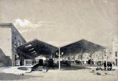 Interior da Estação Euston, maio de 1837 (caneta e tinta e papel) de John Cooke Bourne