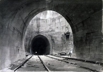 Great eixo de ventilação, Kilsby Tunnel, Northamptonshire, 1837-38 (caneta e tinta e lavar no papel) de John Cooke Bourne