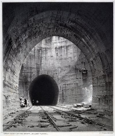 Great eixo de ventilação, Kilsby Tunnel, Northamptonshire, 1838 (caneta e tinta e lavar no papel) de John Cooke Bourne