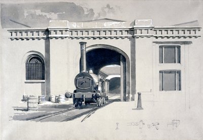 Locomotiva Engine House, Camden Town, 1839 (caneta e tinta e lavagem em papel) de John Cooke Bourne