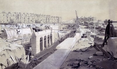 Mornington Crescent - Linha em construção, setembro de 1836 (caneta e tinta e papel) de John Cooke Bourne