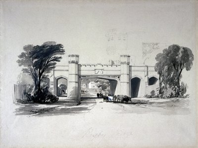 Pontes ferroviárias de rugby como visto da estrada, Warwickshire, abril de 1839 (caneta e tinta e lavagem em papel) de John Cooke Bourne