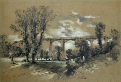 O Viaduto de Blatchford, c.1835-38 (lápis com aguada sobre papel) de John Cooke Bourne