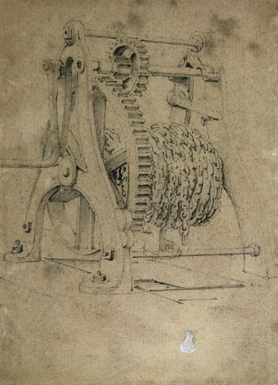 Mecanismo de guincho ou caranguejo para correntes de enrolamento, de 1830 (caneta e tinta e papel lavado) de John Cooke Bourne