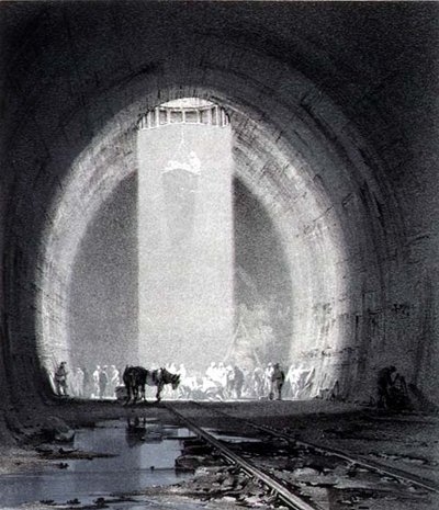 Eixo de Trabalho, Túnel Kilsby, 8 de julho de 1837, gravada pelo artista de John Cooke Bourne