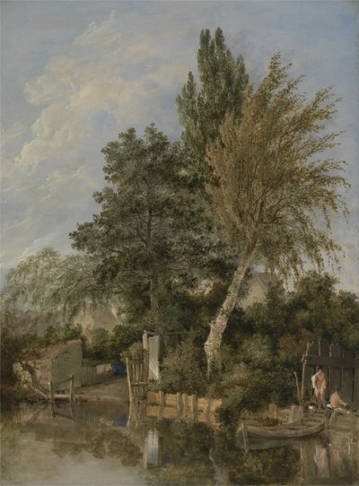 Uma cena de rio com meninos tomando banho, c.1817 (óleo no painel) de John Crome