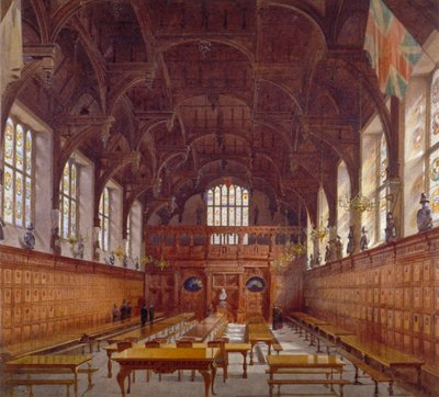 Vista interior do Middle Temple Hall da mesa alta com figuras, Londres, 1884 de John Crowther