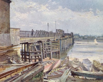 Londres perdida: Ponte velha de Battersea, a partir da margem norte (litografia a cores) de John Crowther