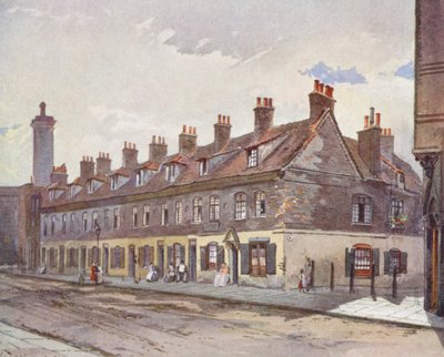 Londres perdida: Casas antigas em Pye Street, Westminster (litografia a cores) de John Crowther