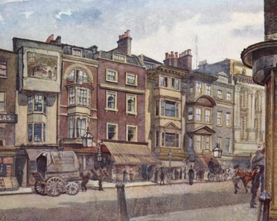 Londres perdida: Casas antigas na Strand, junto ao Teatro Adelphi (litografia a cores) de John Crowther