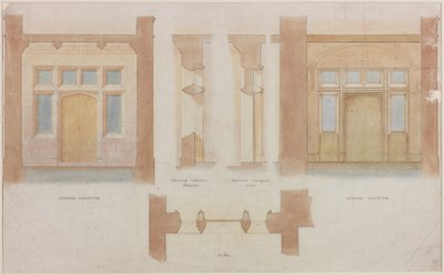 Elevação, seção e plano da entrada principal de Holme Eden (tinta e aquarela sobre papel (no papel)) de John Dobson