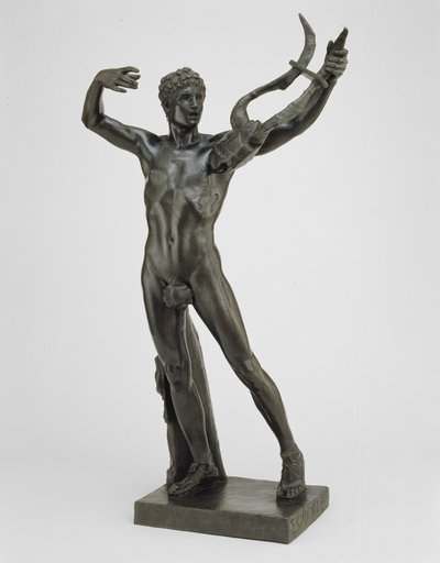 Jovem Sófocles liderando o Coro da Vitória após a Batalha de Salamina, modelado em 1885, fundido em 1911 (bronze com pátina verde) de John Donoghue