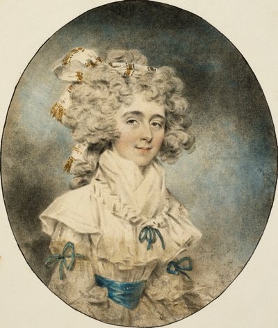 Retrato da Sra. Fisher, meio comprimento, em um vestido branco adornado com fitas azuis, 1788 de John Dowman