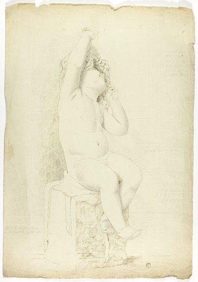 Antiga estátua de Putto sentado brincando com máscara de John Downman