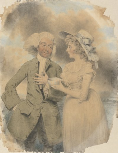 John Edwin e Mrs. Wells como Lingo e Cowslip na agradável surpresa, 1787 (wc e bodycolour e giz preto sobre papel) de John Downman