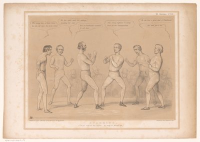 Spotprent conheceu Lord Bentinck e Lord Lyndhurst em een bokswedstrijd Sparring. Um Conjunto para, sem as Luvas, a propósito de Wind-up! (título no objeto) HB Sketches (título da série no objeto) de John Doyle