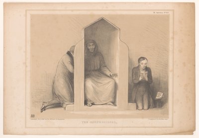 Spotprent conheceu Roebuck als biechtvader O confessionário (título no objeto) HB Sketches (título da série no objeto) de John Doyle