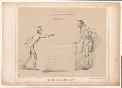 Spotprent conheceu Roebuck en Lord Bentinck
Uma palestra sobre a elocução. O professor aplicando os seus preceitos através do exemplo (título sobre o objecto)
HB Sketches (título da série sobre o objecto) de John Doyle
