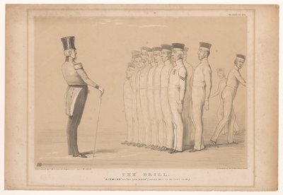 Spotprent conheceu o premier Peel als militaire instrutor A broca. Dispensar - como você estava (estável lá na fila traseira.) (título no objeto) HB Sketches (título da série no objeto) de John Doyle
