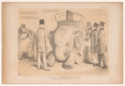 Spotprent over de aanstelling van Henry Hardinge als gouverneur van India Uma aula de equitação de elefante! Estudou na Nature in the Zoological Gardens (título no objeto) HB Sketches (título da série no objeto) de John Doyle