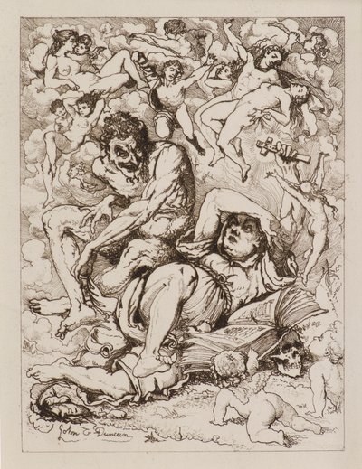 Figura Reclinada Segurando Cruz, o Diabo Sentado nas proximidades Cercado por Figuras Flutuantes (gravura) de John Duncan