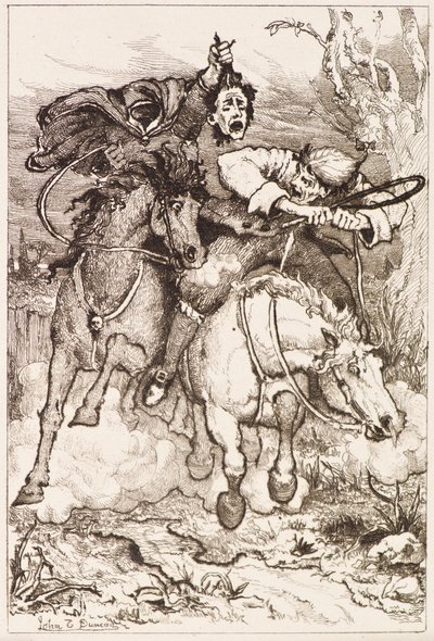 Dois Cavaleiros Galopantes [um carregando sua própria cabeça] (gravura) de John Duncan