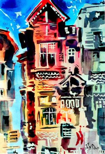 Paisagem urbana colorida em aguarela de John Dunn