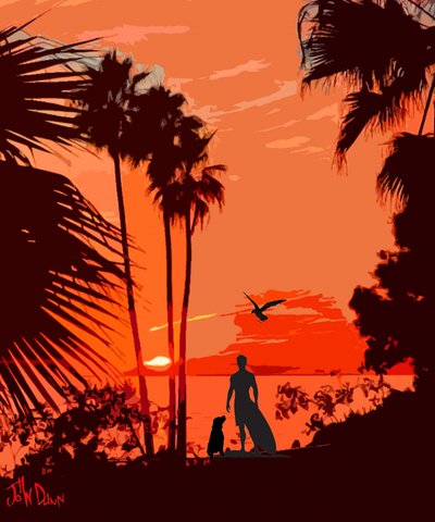 Cão Surfista ao Pôr do Sol Tropical de John Dunn