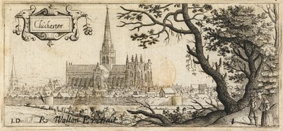 Duas figuras ao lado de uma grande árvore do lado direito em primeiro plano; a cidade de Chichester ao longe; as muralhas da cidade a percorrer a cena; a Catedral de Chichester no centro da imagem, c.1660 (gravura) de John Dunstall