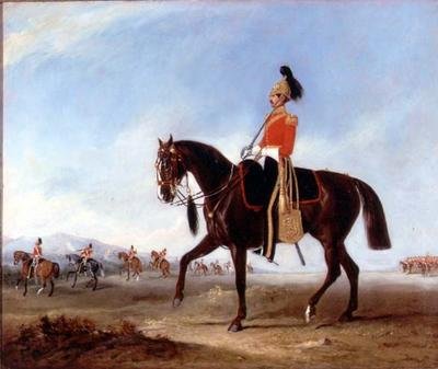 Um oficial montado e piquetes dos 3ºs Guardas Dragoon em manobras de John E. Ferneley