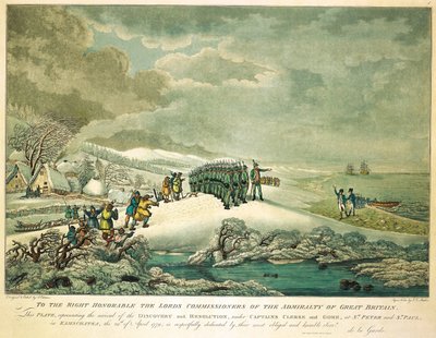 Aos Excelentíssimos Senhores Comissários do Almirantado da Grã-Bretanha, esta placa representando a chegada dos navios "Discovery" e "Resolution", sob o comando dos capitães Clerke e Gore de John Eckstein