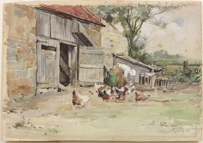 Alimentando as Galinhas, 1909 (wc no papel) de John Edgar Mitchell