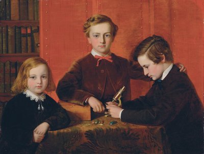 Os Jovens Microscopistas: Retrato de Frank, Harry e Arthur Izod Richards, 10, 8 e 5 anos, Brincando com um Microscópio de John Edgar Williams