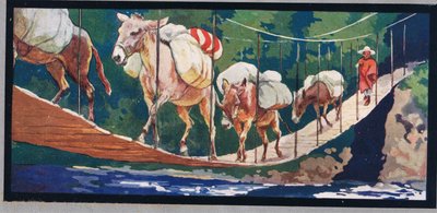Os burros transportam mantimentos através de uma ponte de corda, ilustração de 