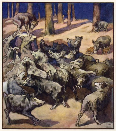 No centro do toco estava um grande lobo cinza (lito colorido) de John Edwin Noble